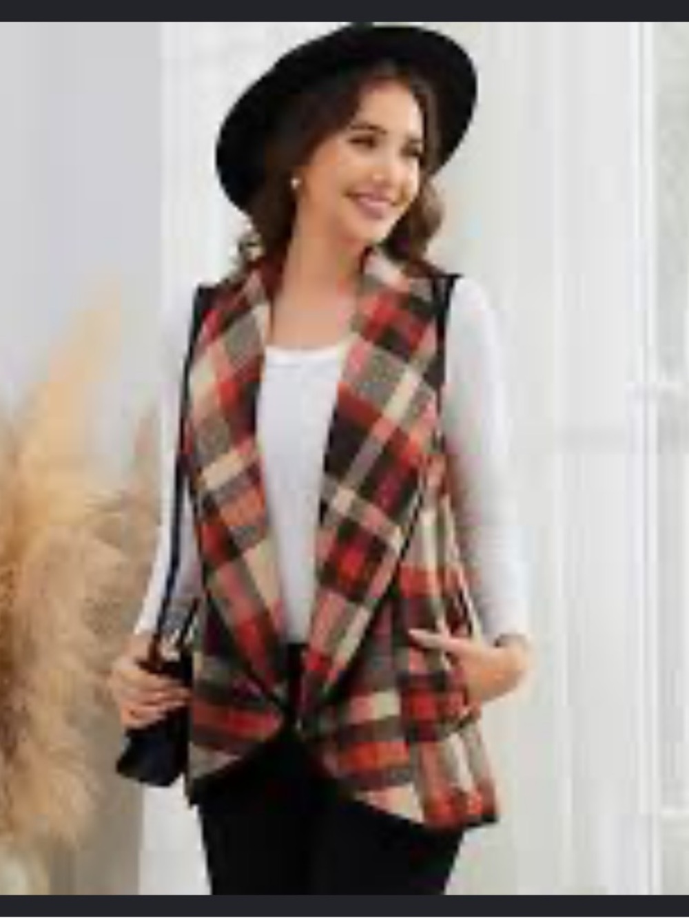 ETWO Plaid Open Front Sleeveless Vest - Red, Black & Cream
